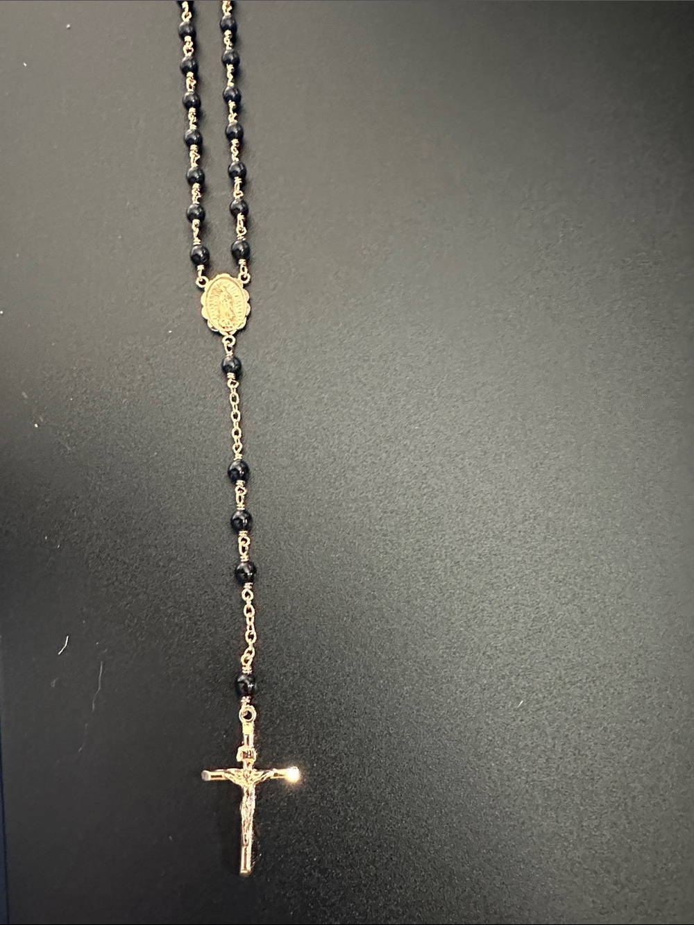 Gold-Plated Black Bead Rosary Necklace